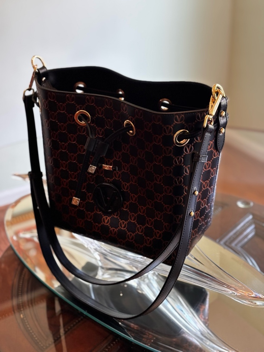 Valentino Brown & Black Logo Drawstring Bucket Bag - Picture 8 of 10
